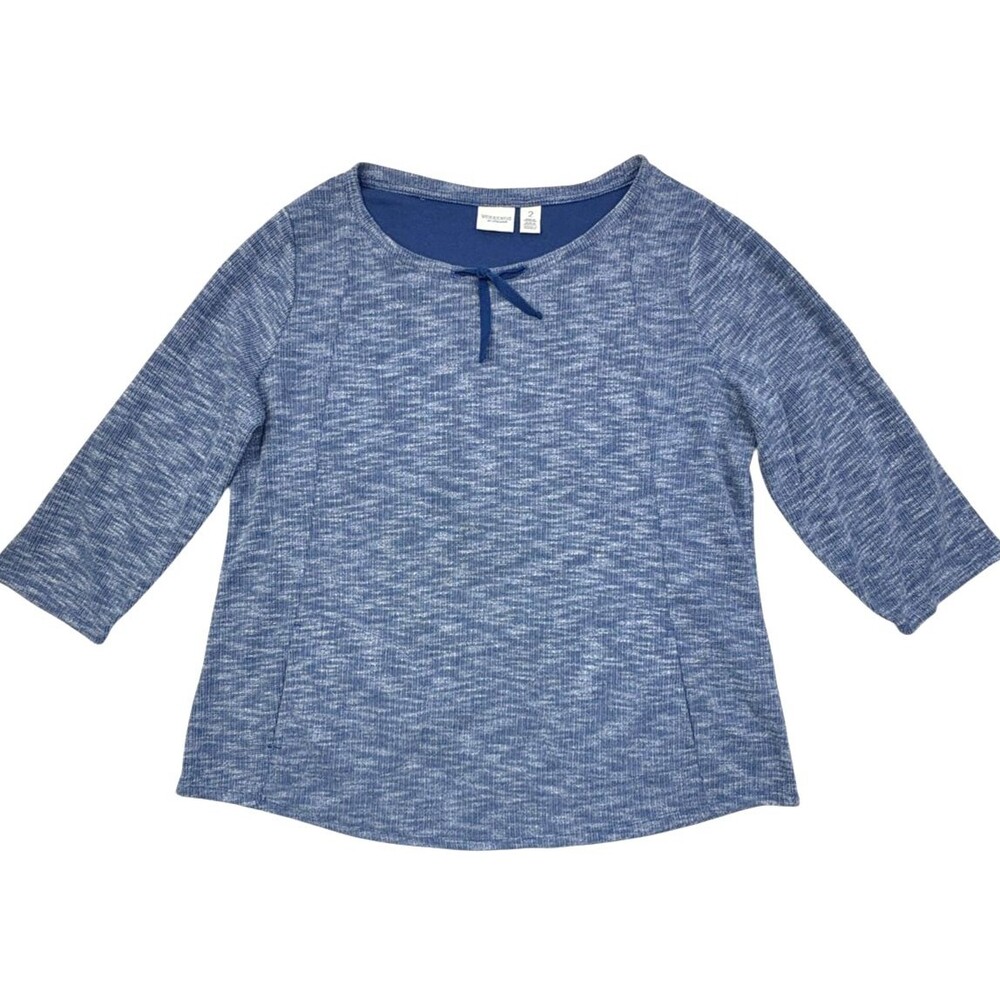 Weekend by Chico’s Sz 2 Blue Space Dye Knit Top Pockets Tie Neck Large 12